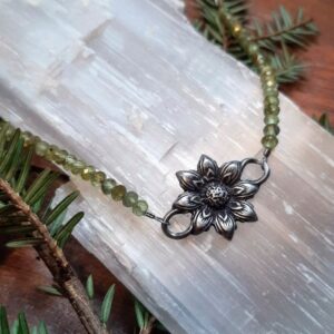 Brightening Peridot and Handmade Flower Silver Necklace